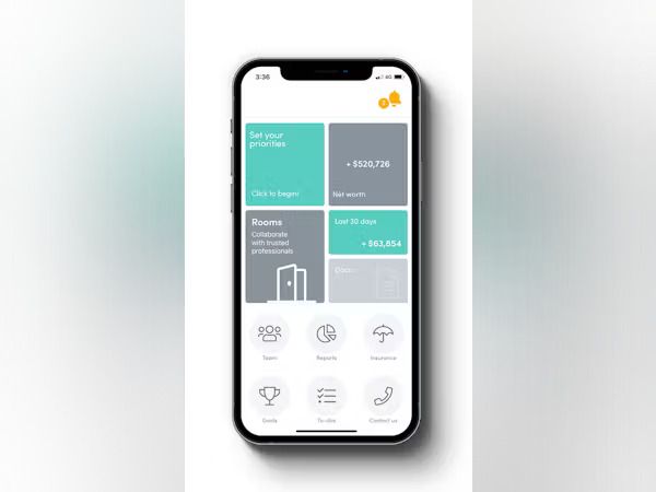 Mobile app interface: turquoise, gray tiles display info about vacation properties, rooms, and more. Icons at the bottom.