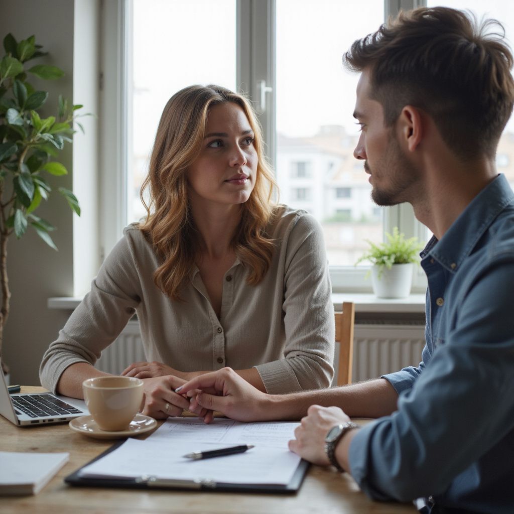 Woman and man sit at a table, looking at documents. Neutral expressions; natural light.