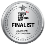 A silver circular badge for the 2026 Accountants Daily Rising Star Awards, naming the recipient a Finalist in Boutique Firm.