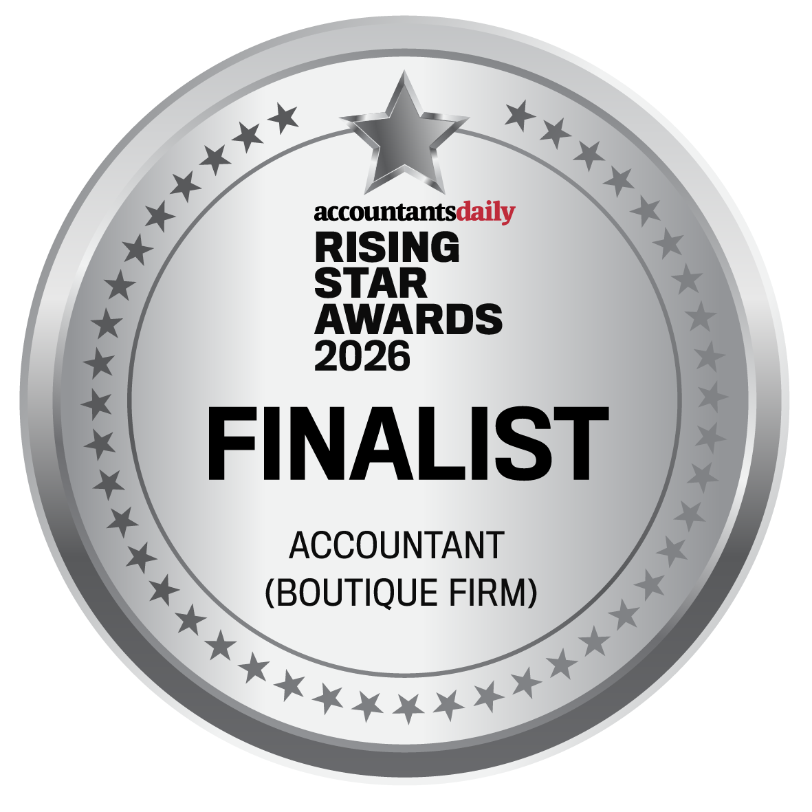 A silver circular badge for the 2026 Accountants Daily Rising Star Awards, naming the recipient a Finalist in Boutique Firm.