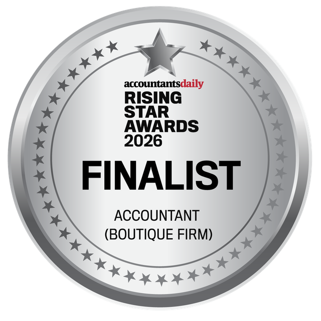 A silver circular badge for the 2026 Accountants Daily Rising Star Awards, naming the recipient a Finalist in Boutique Firm.