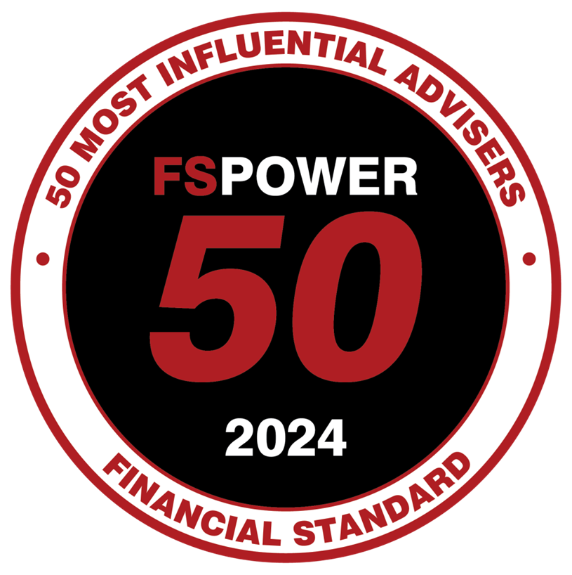 FS Power 50 award logo. Black and red circle with “50 Most Influential Advisers 2024” and “Financial Standard” in white text.