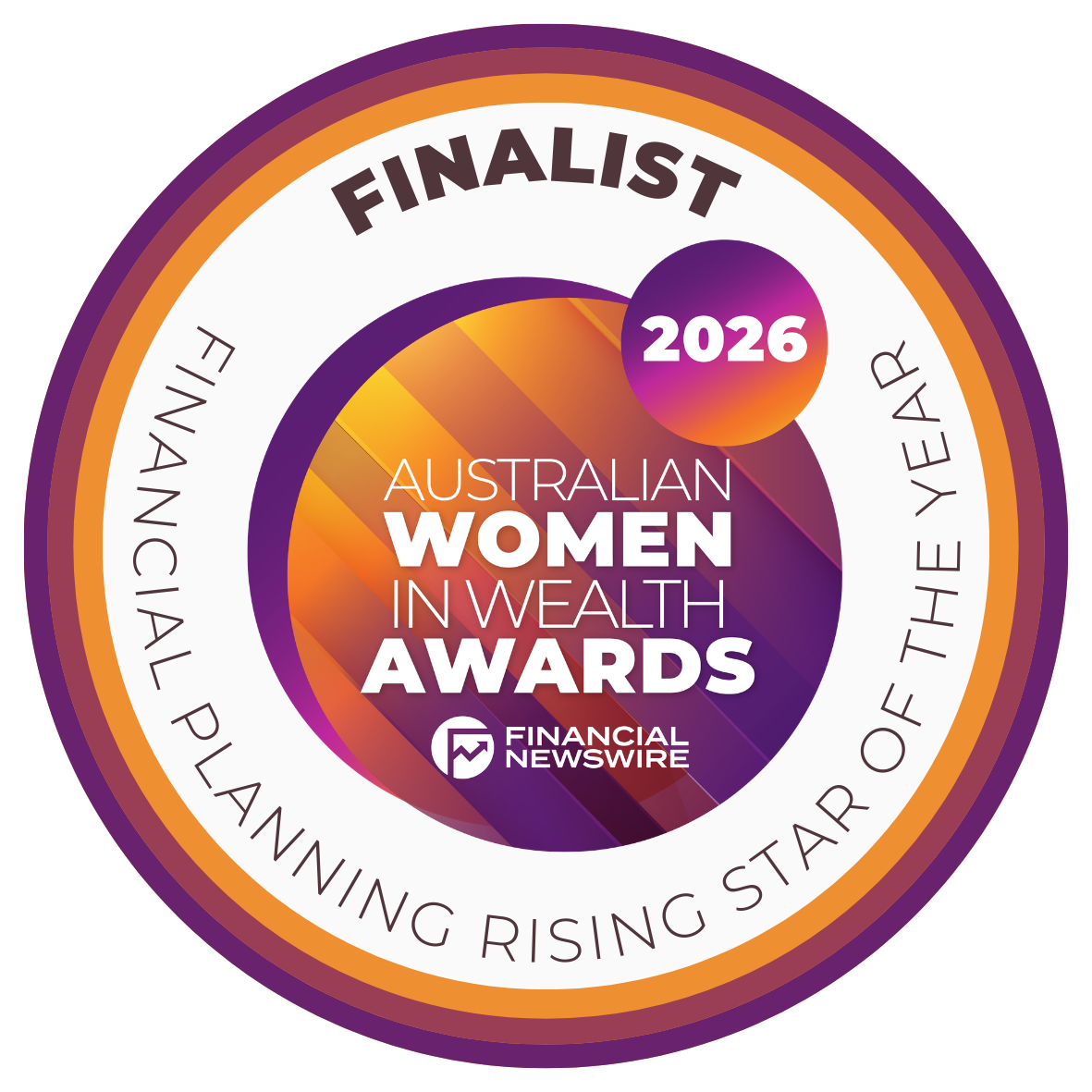 Award badge: Finalist for Australian Women in Wealth Awards, "Financial Planning Rising Star of the Year," 2026.