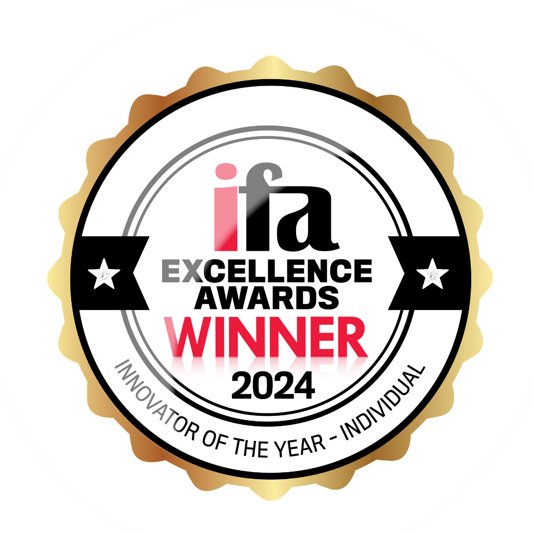 Ifa Excellence Awards Winner 2024 badge. Gold, black, and white circular design. 