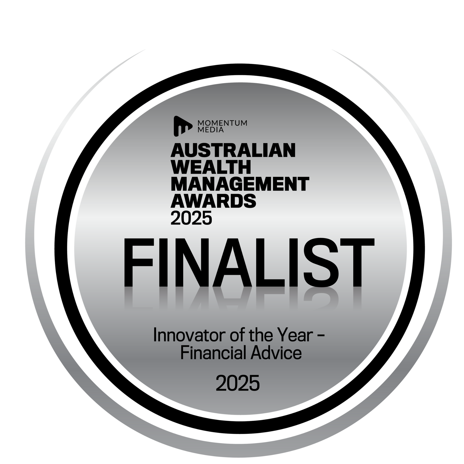 Award badge: Australian Wealth Management Awards 2025 Finalist, "Innovator of the Year - Financial Advice." Silver