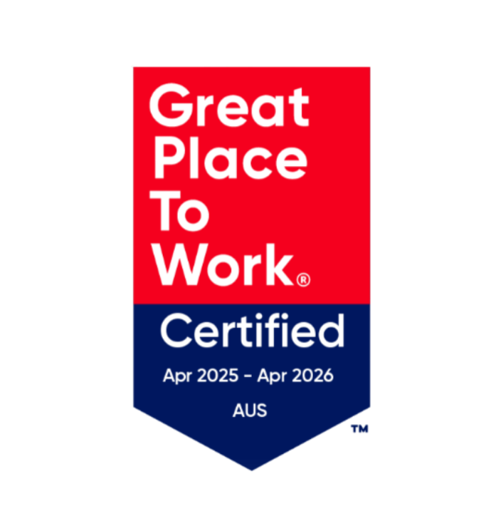 Great Place To Work Certified badge, red and blue, valid April 2025 to April 2026, for AUS.