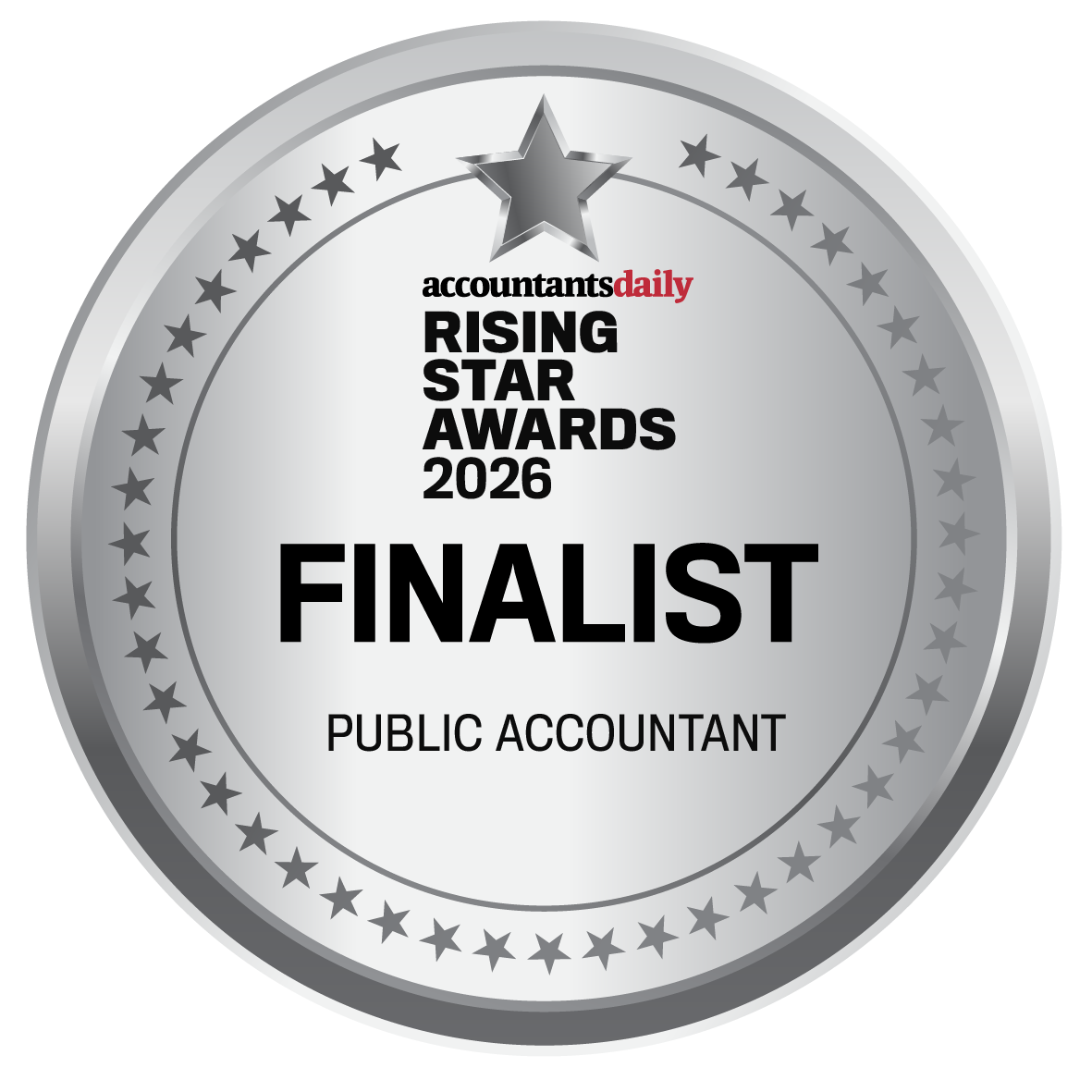 A silver circular logo for the 2026 Accountants Daily Rising Star Awards, designating the recipient as a Public Accountant.