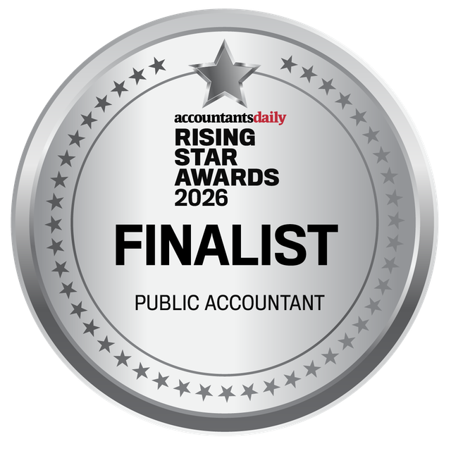 A silver circular logo for the 2026 Accountants Daily Rising Star Awards, designating the recipient as a Public Accountant.