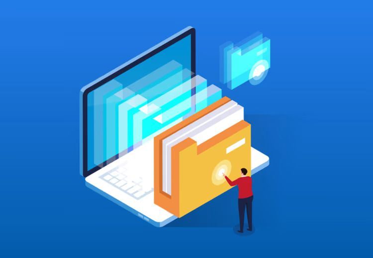 Person transferring files from a laptop to a folder, with a blue background.