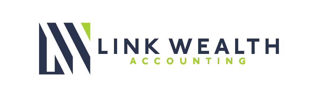 Logo for Link Wealth Accounting, featuring a stylized square graphic with dark blue and green accents, and text.