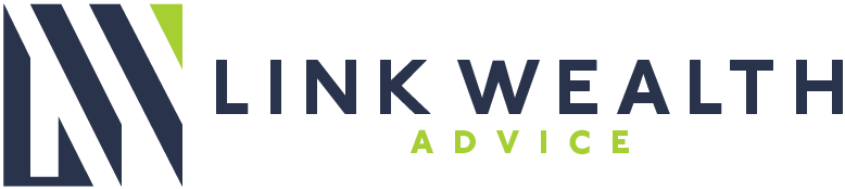 Link Wealth Advice logo with abstract dark blue and green geometric shapes. The text is in dark blue and green.