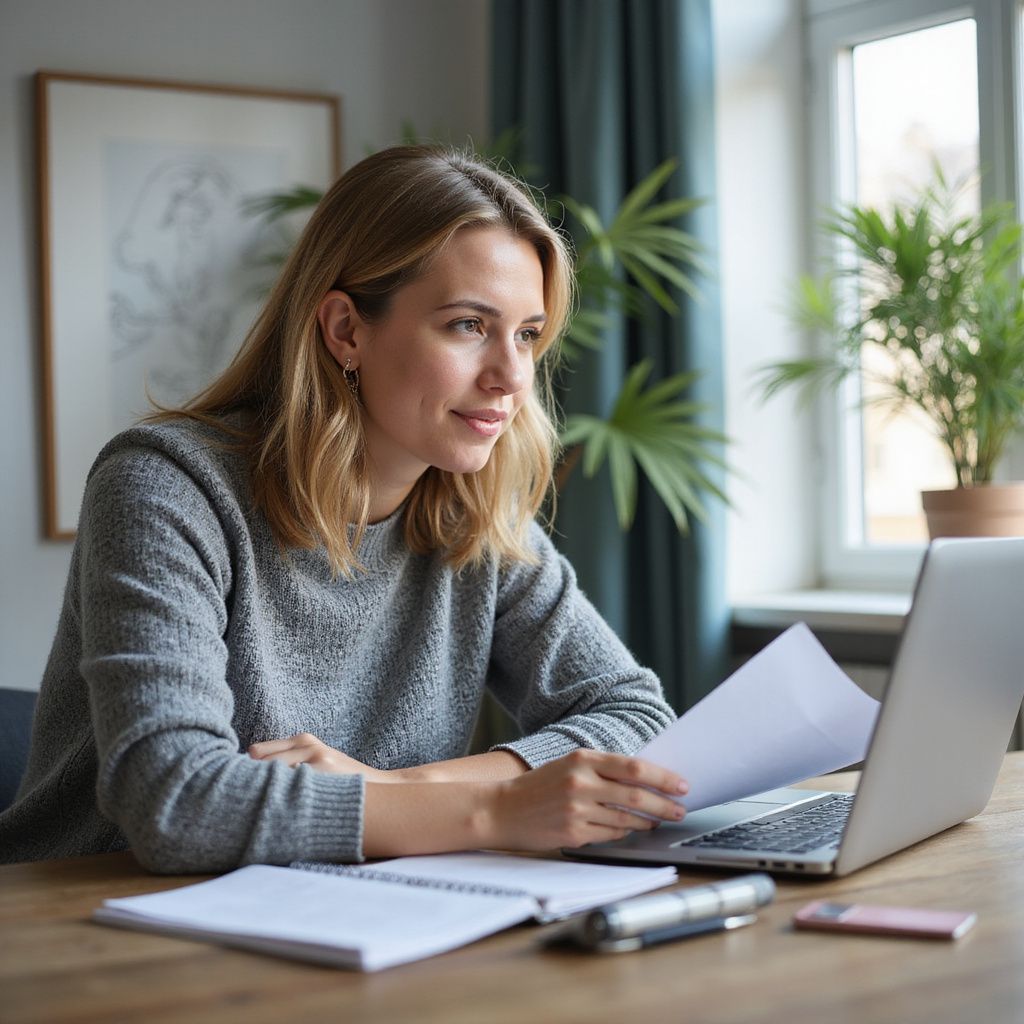 Woman in grey sweater, working on laptop, holding papers, looking focused, at wooden table, near window.