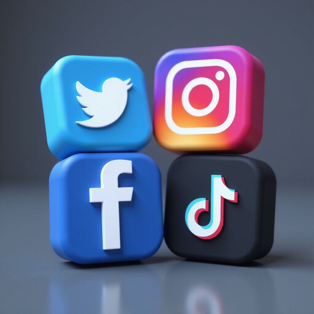 3D rendering of social media icons: Twitter, Instagram, Facebook, and TikTok, stacked on gray surface.
