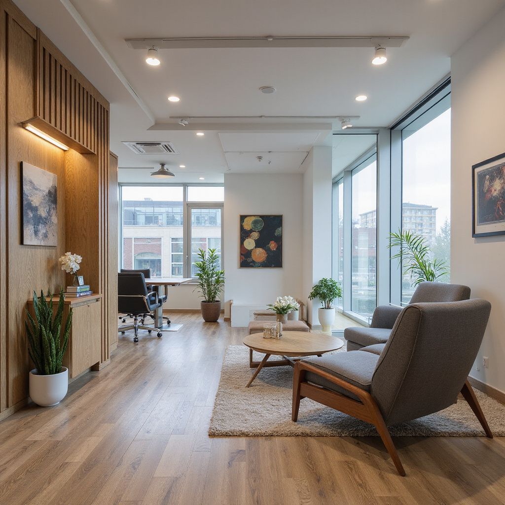 Modern office with seating area and large windows; a light-filled, inviting space.