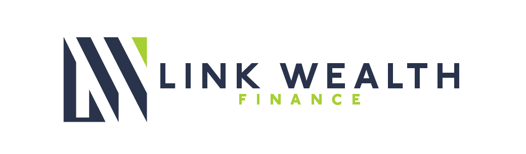 Logo for Link Wealth Finance: square design with blue lines and green accents, and text