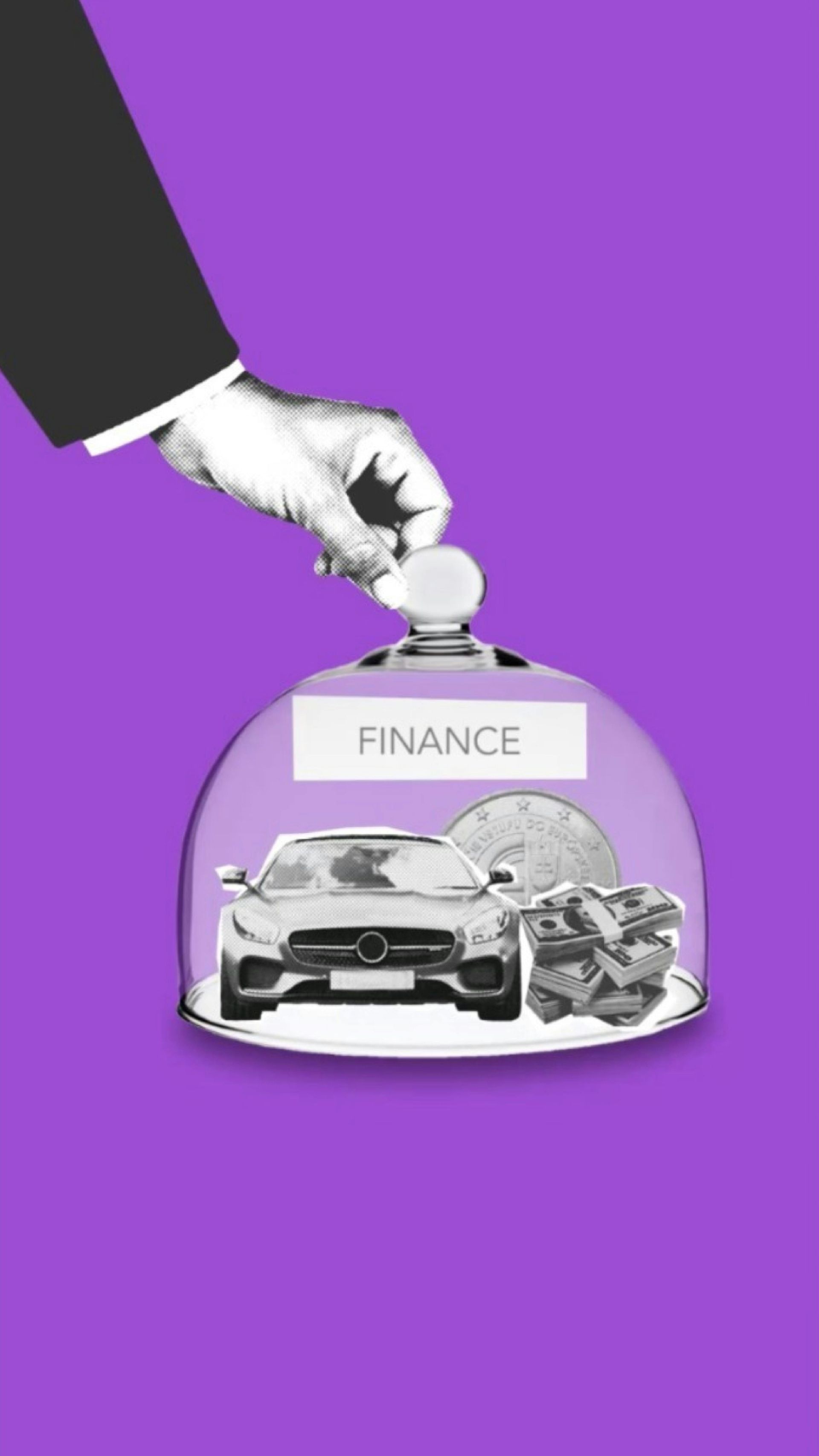 Hand placing coin on glass dome holding car, money, & crypto; FINANCE label on dome. Purple background.