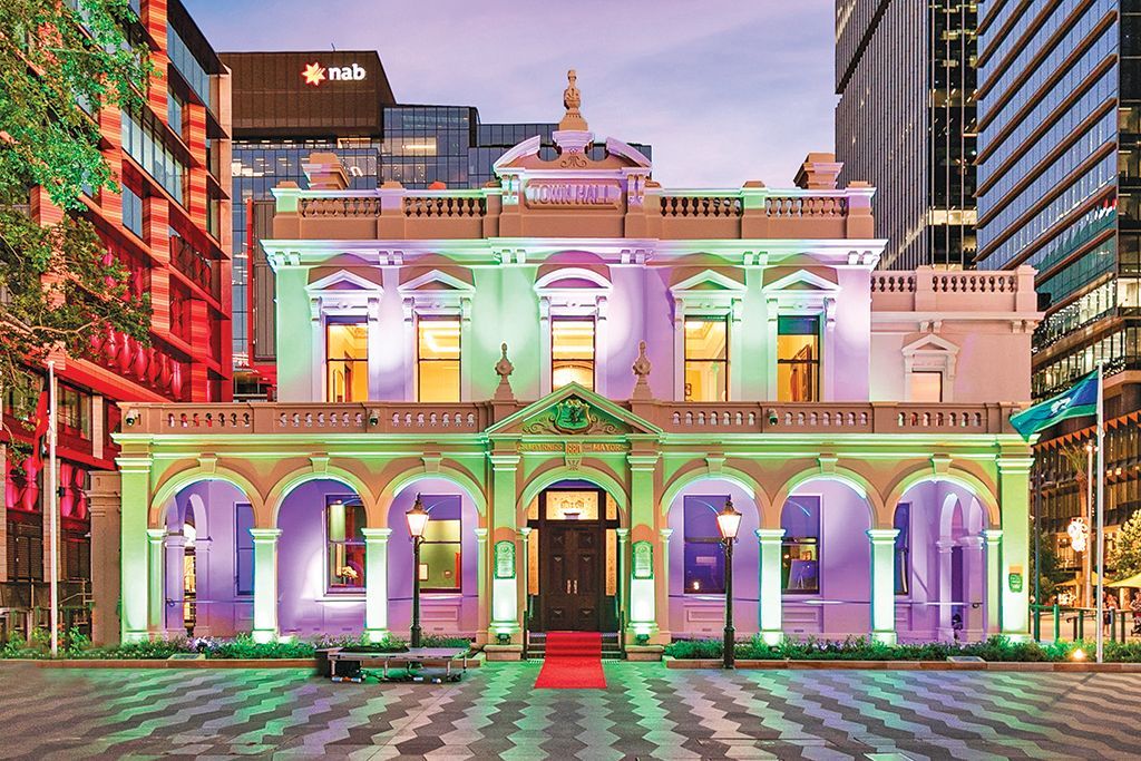 Parramatta Town Hall illuminated. A prime destination for events and activations in Sydney's west.