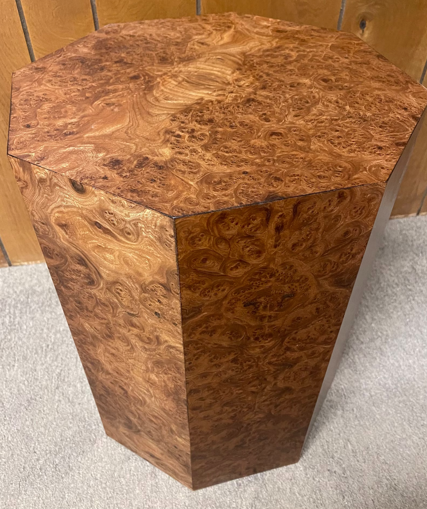 One of a Kind Genuine Burl Wood 23 Tall Octagon Pedestal End Table Geometric Cube Side Table