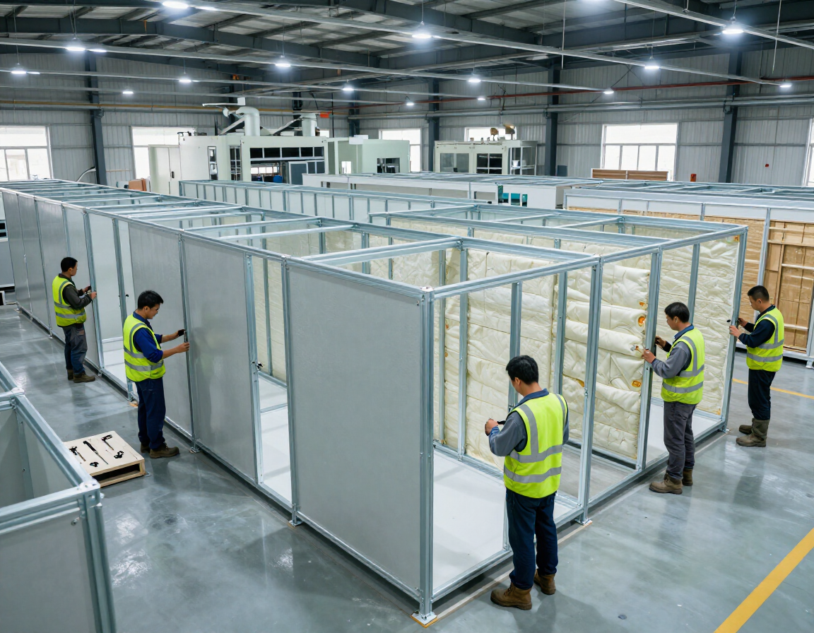 Factory floor showing modular unit assembly in early production