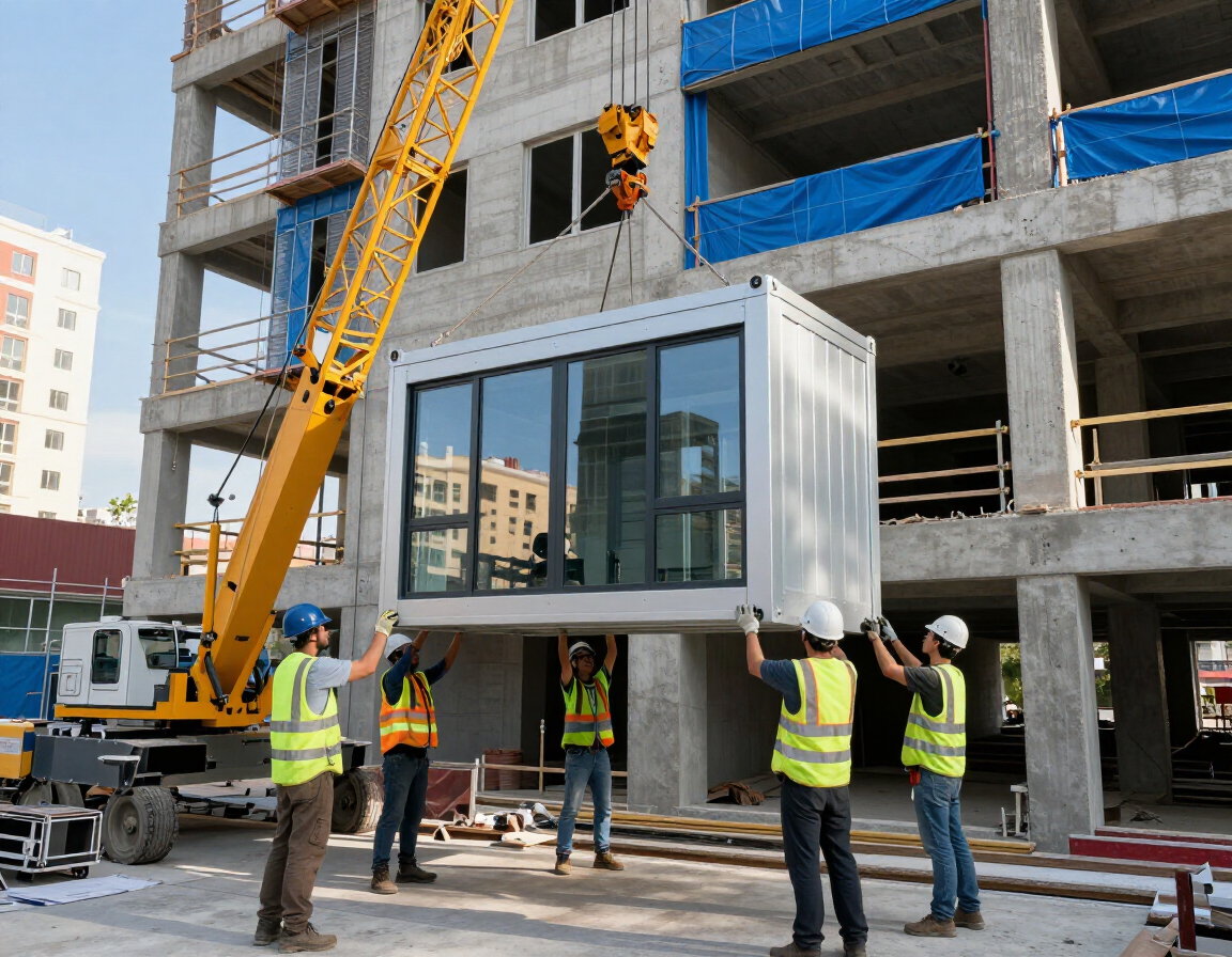 On-site installation of modular unit being lowered into position with crew
