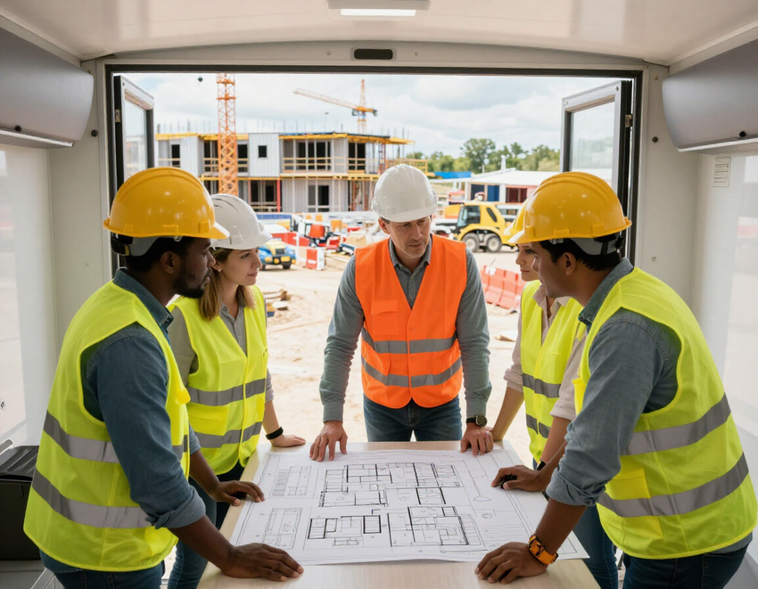 Project management team reviewing plans at modular construction site