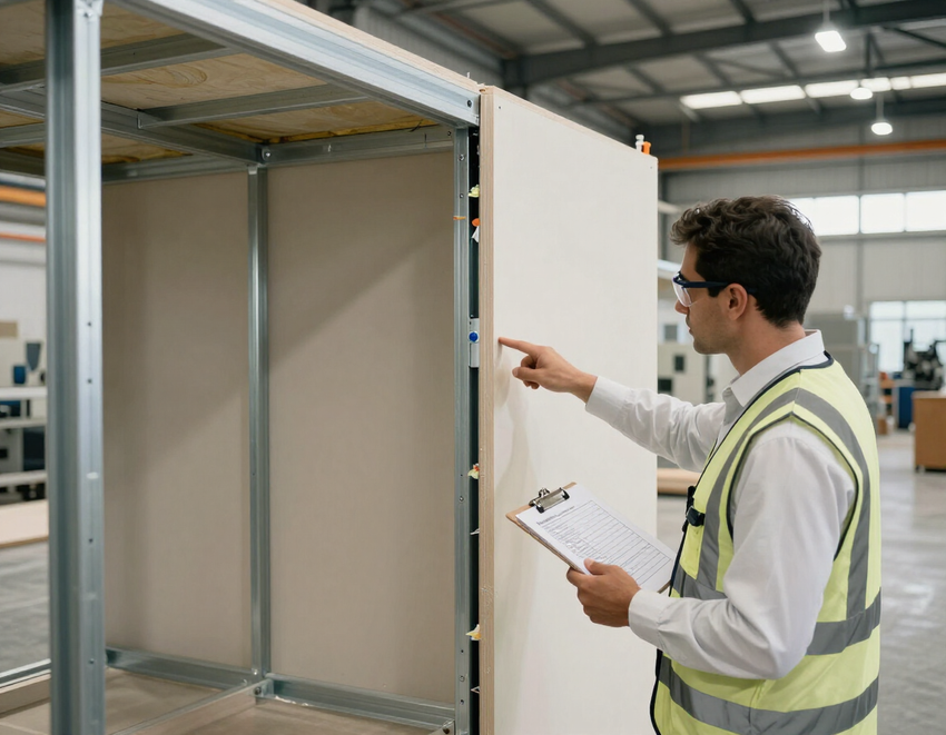 Quality inspector reviewing modular unit on factory floor