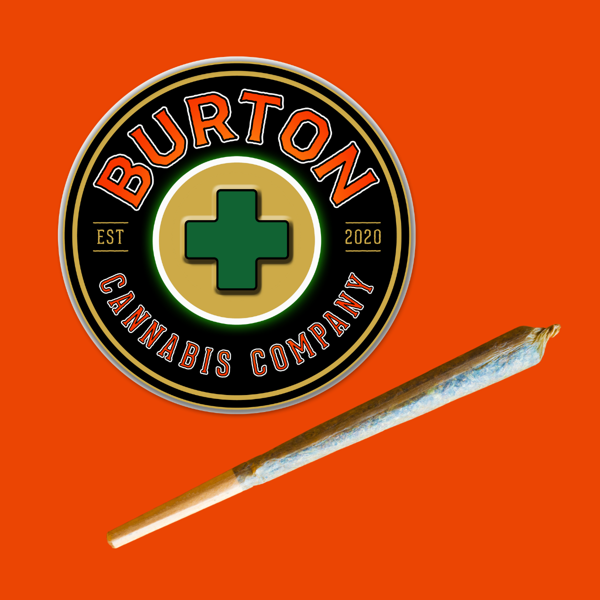 Logo for Burton Cannabis Company with a pre-rolled joint on an orange background.
