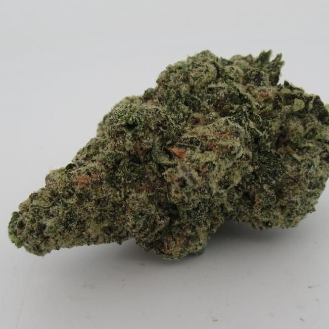 Green and gray cannabis bud with orange hairs, against a white background.