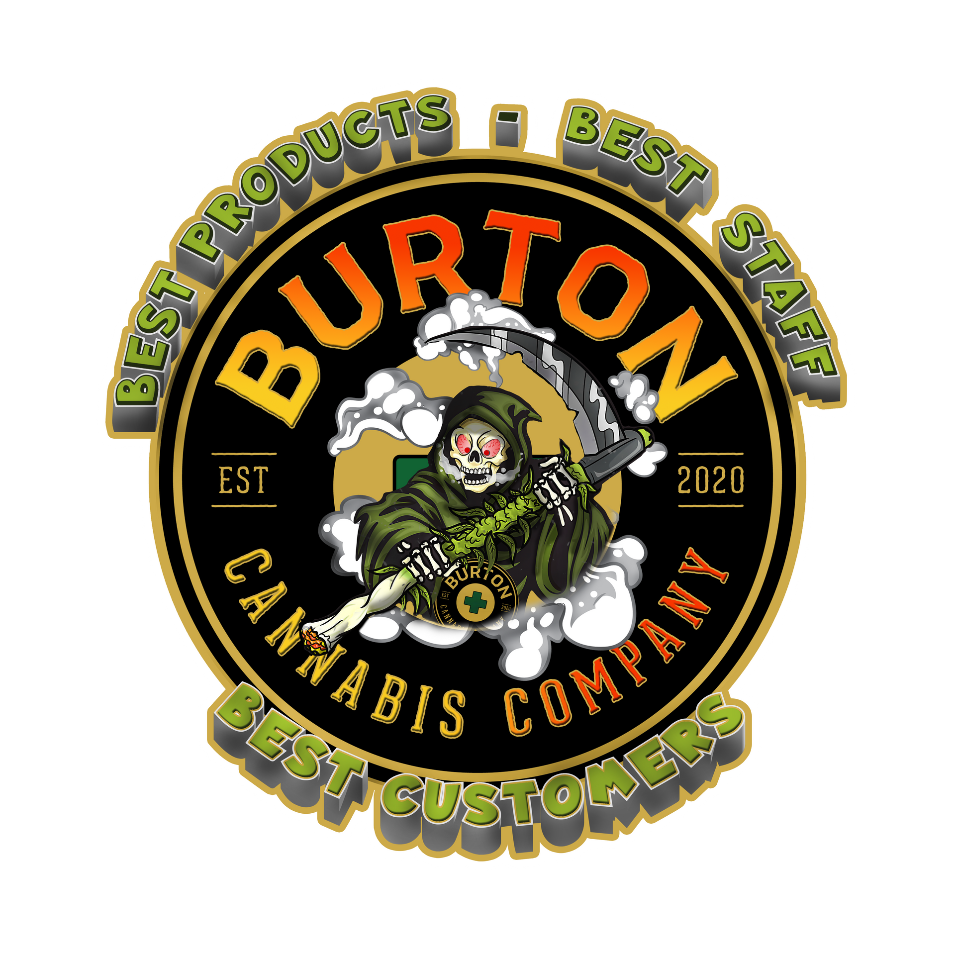 Logo for Burton Cannabis Company featuring a Grim Reaper holding cannabis.