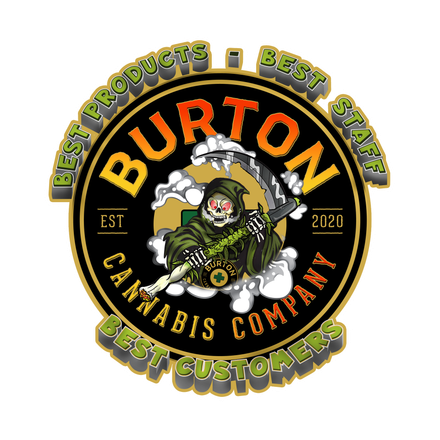 Logo for Burton Cannabis Company featuring a Grim Reaper holding cannabis.