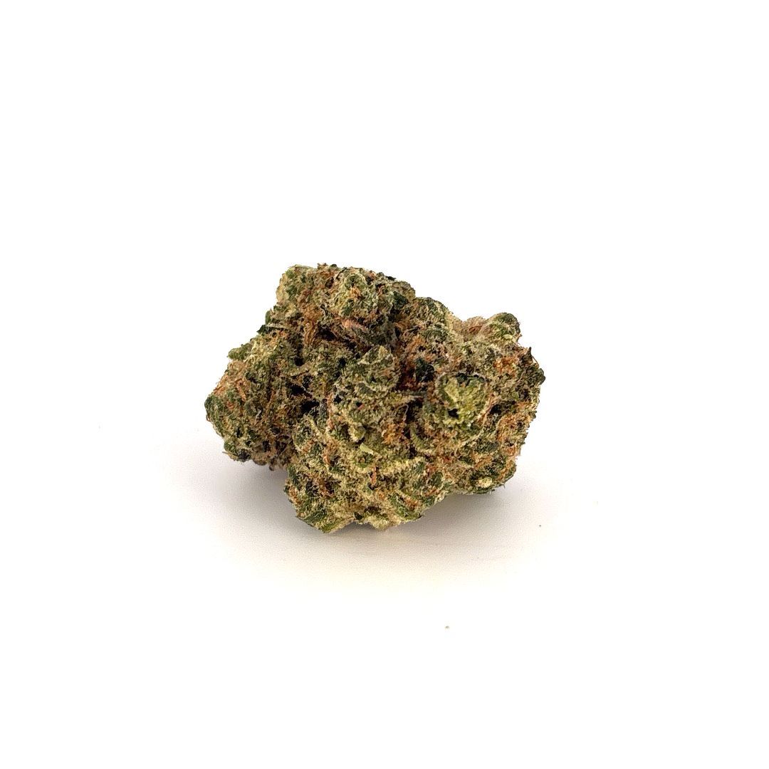 Close-up of a cannabis bud, light green with orange hairs, against a white background.