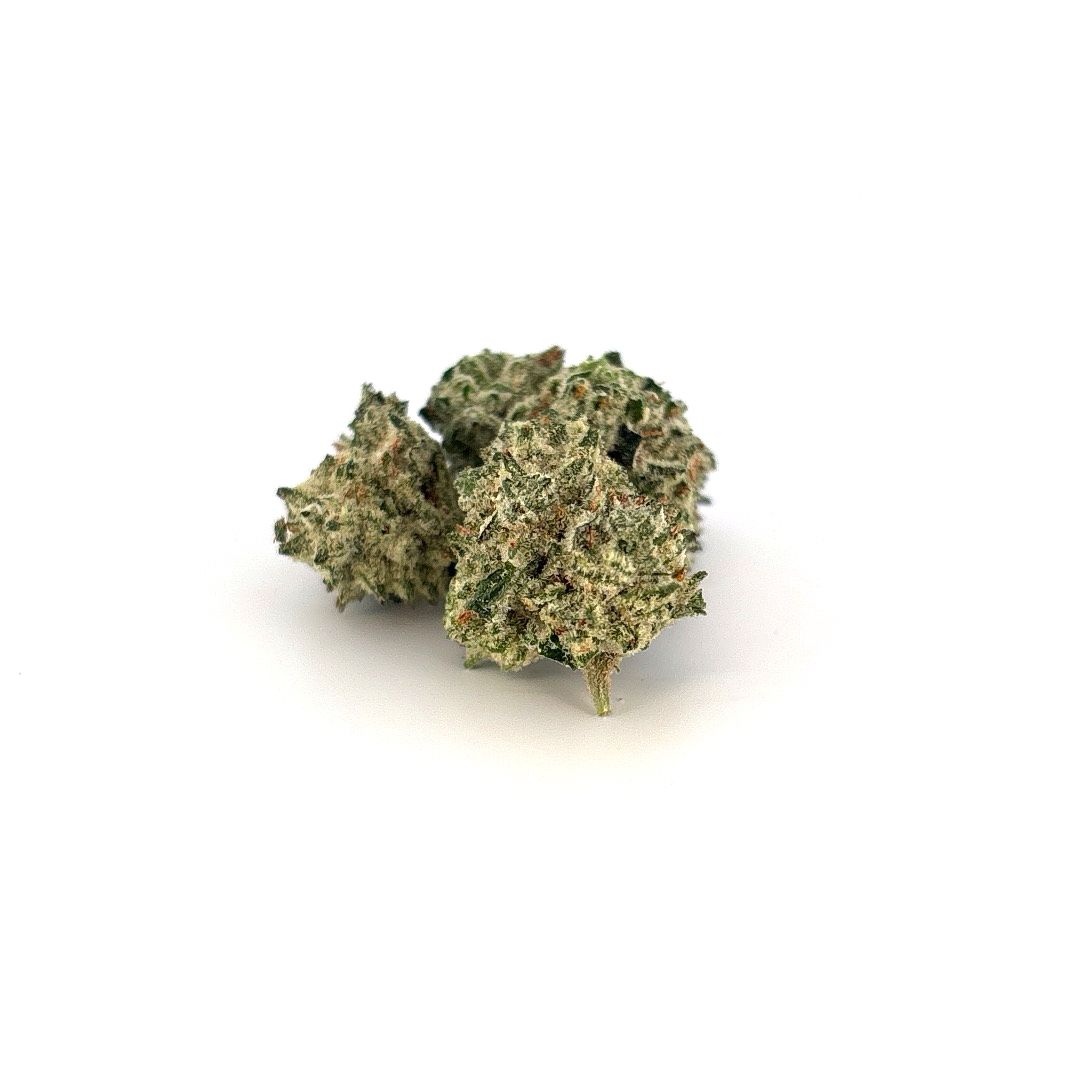 Green and tan cannabis buds on a white background.