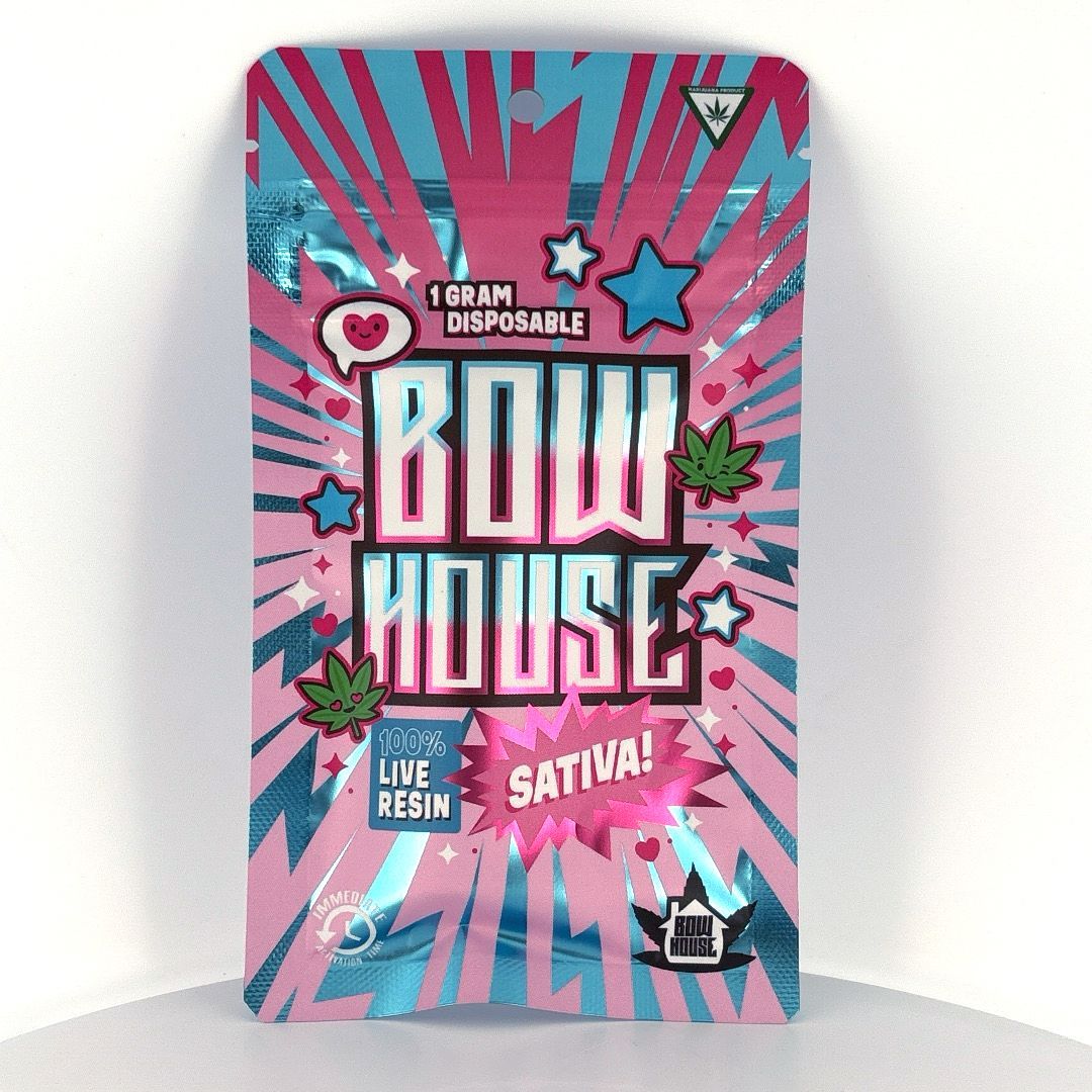 Pink and blue Bow House 1-gram disposable sativa live resin cannabis package.