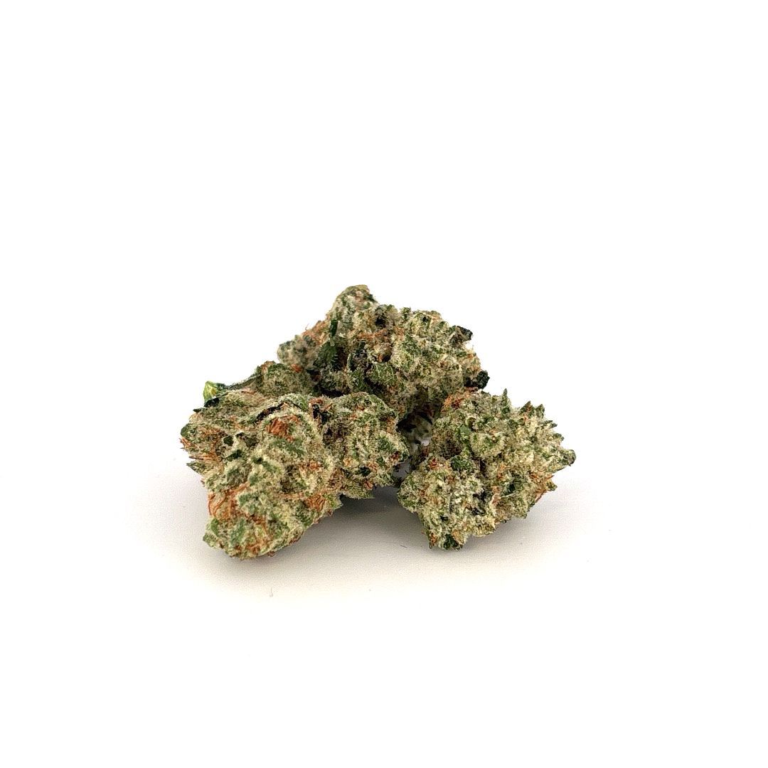 Green and orange cannabis buds against a white background.