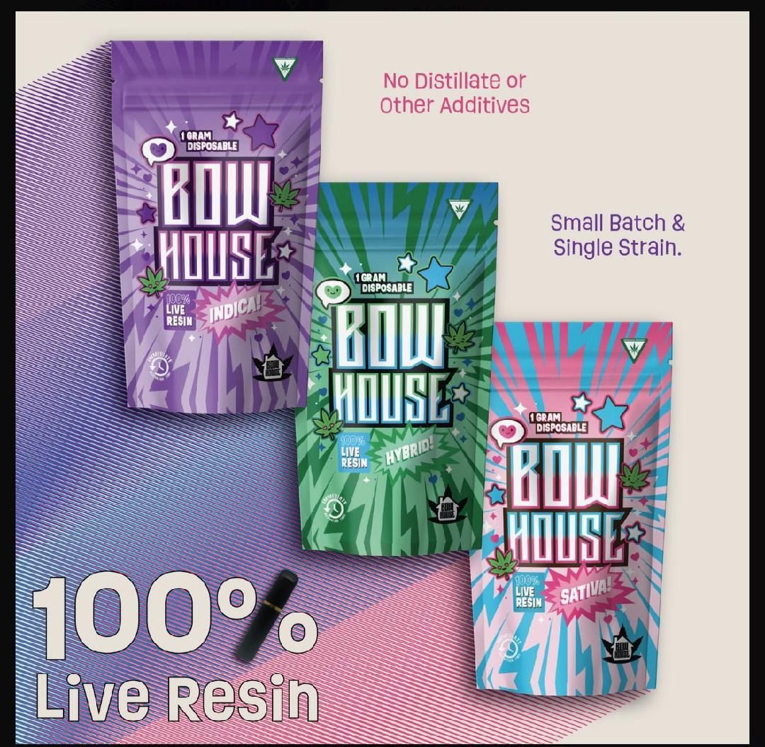Three colorful packages of BOW HOUSE live resin cannabis products, with text stating 100% live resin, no distillates, small batch & single strain.