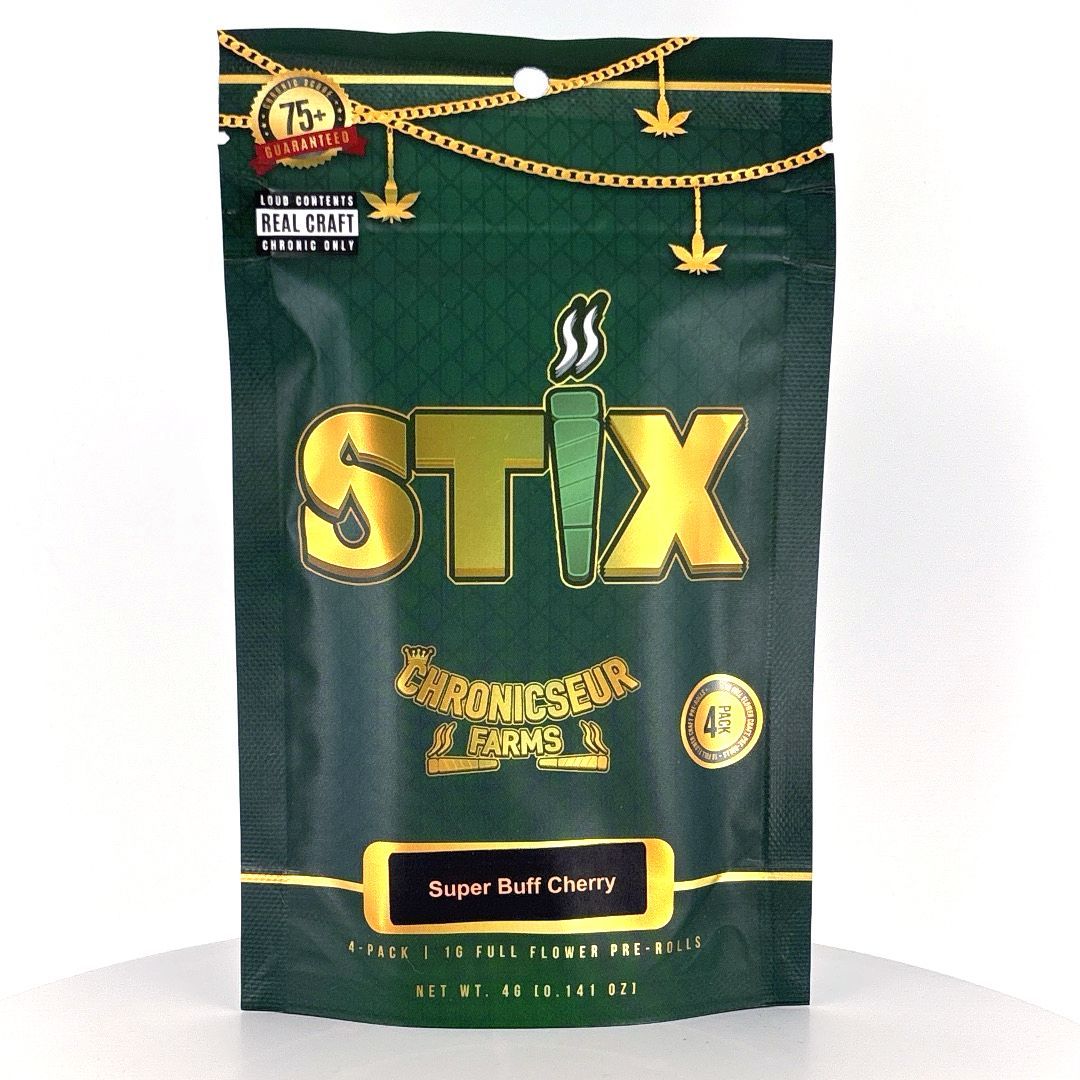 Green Stix cannabis product package with gold lettering and accents, features 
