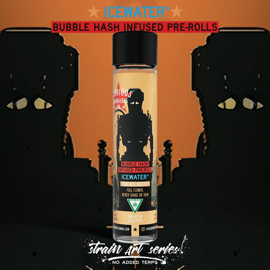 Jar of bubble hash infused pre-rolls with a black and orange backdrop.