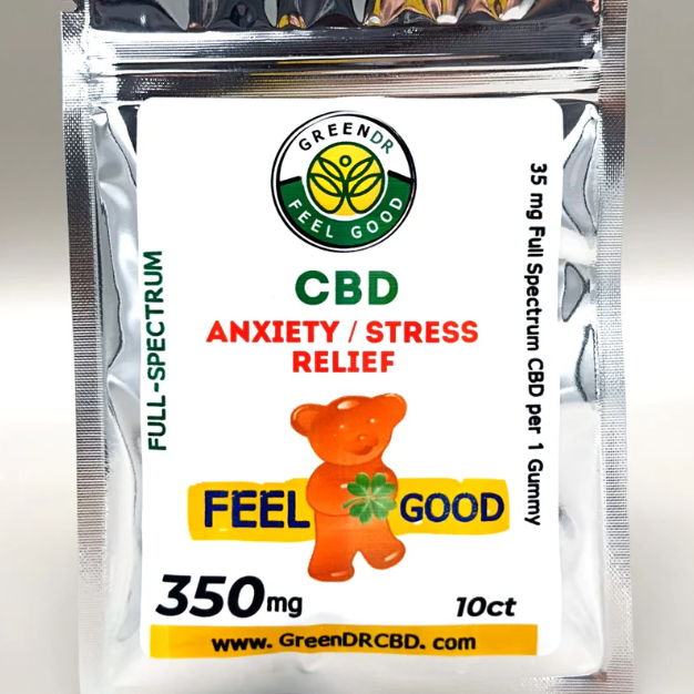 Bag of GreenDR CBD gummies, featuring a gummy bear with a four-leaf clover. For anxiety/stress relief, 350mg total.