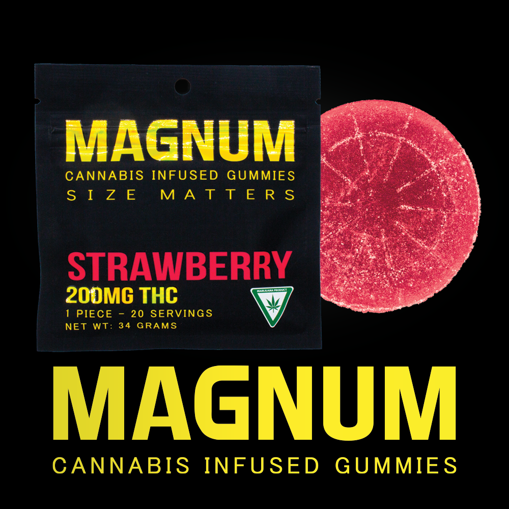 Package of Magnum Strawberry cannabis gummies next to a red gummy. Text: 200mg THC.