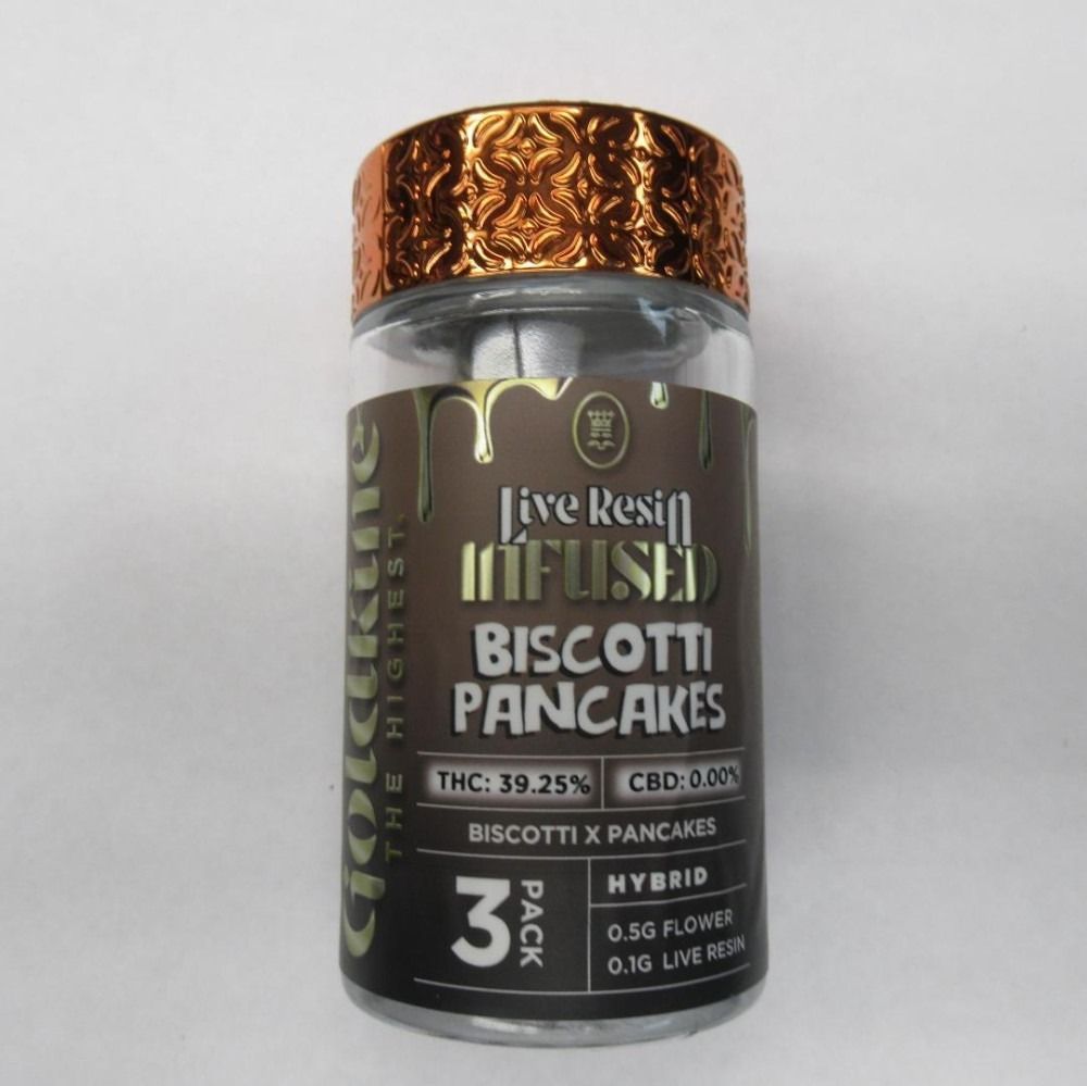 A jar of Biscotti Pancakes infused with live resin. Includes THC 39.25%, CBD 0.00% and a hybrid strain.