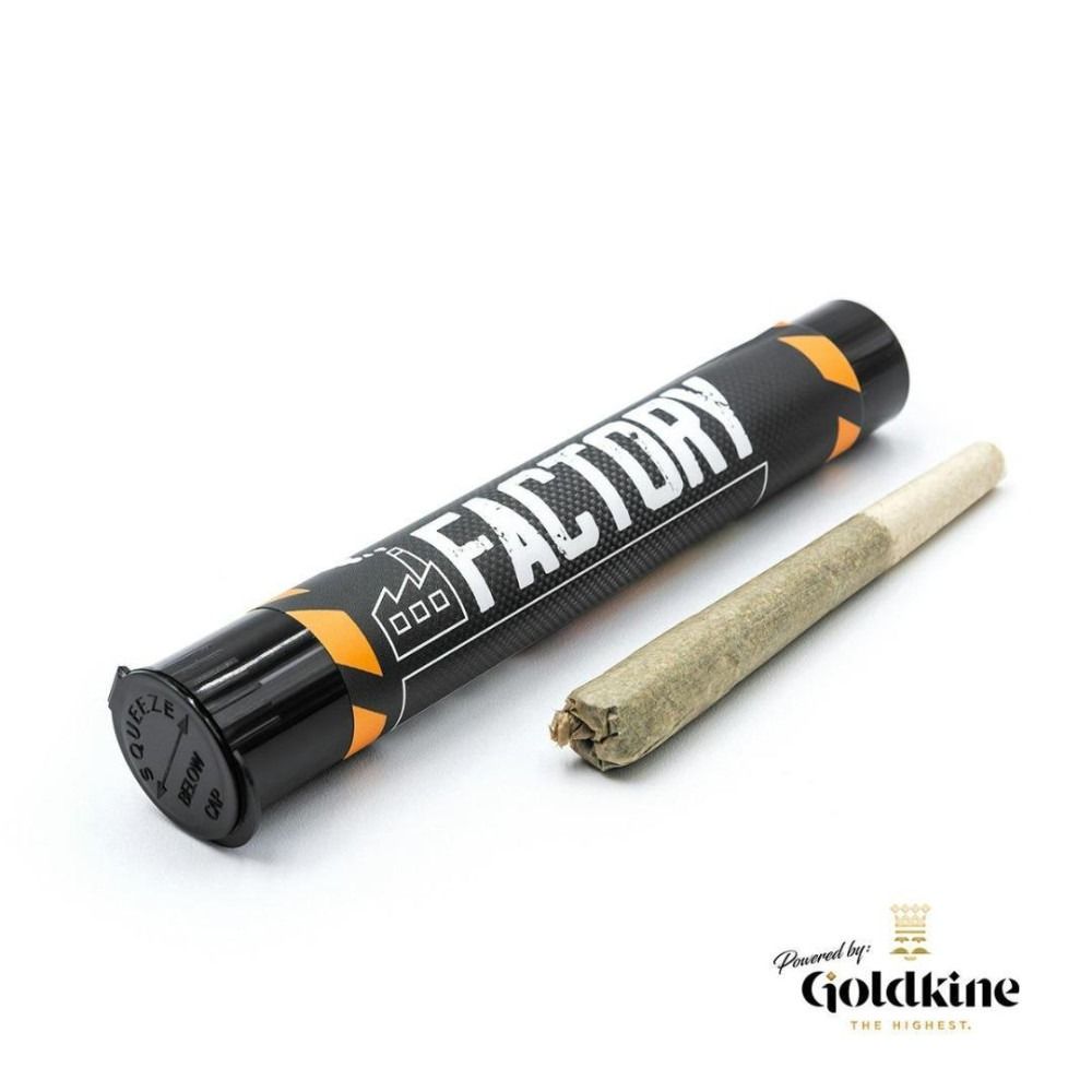 Black Factory brand pre-roll tube with pre-rolled joint. White text on black tube with orange accents.