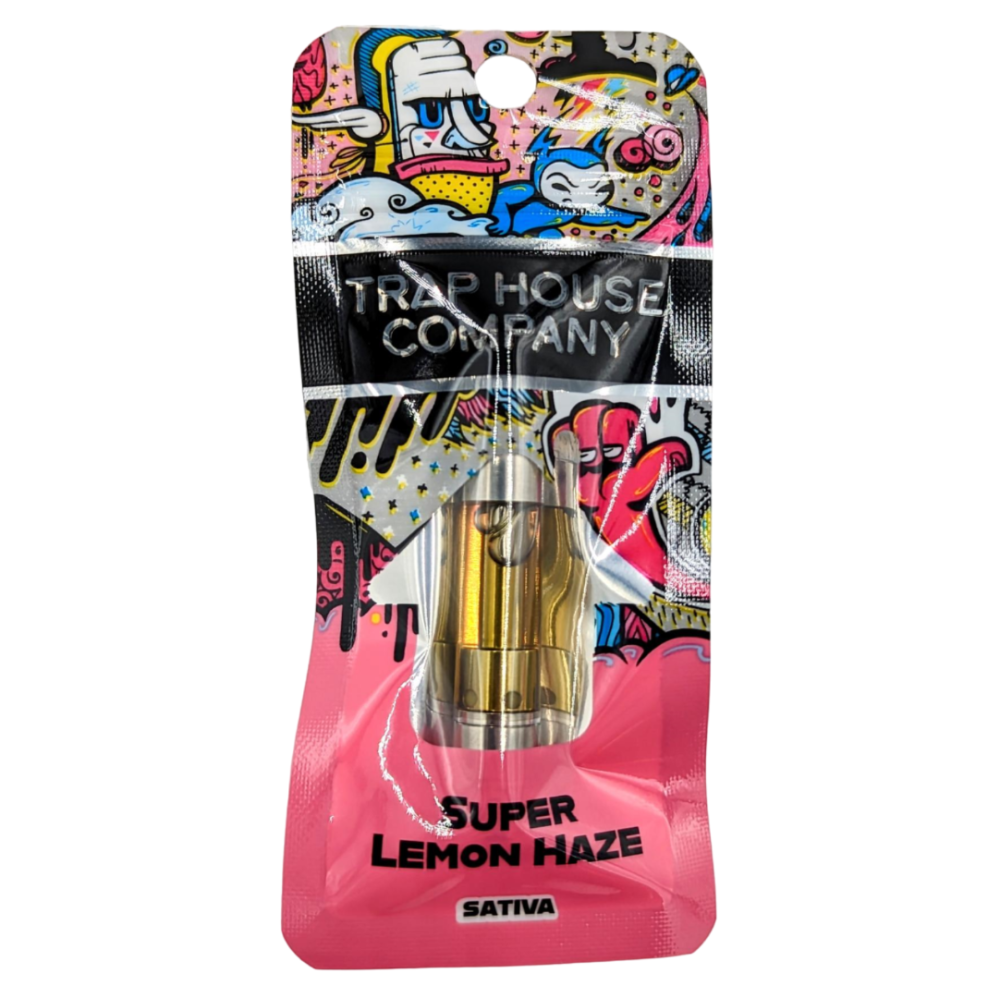 Cartridge of Super Lemon Haze sativa, in pink and colorful Trap House Company packaging.