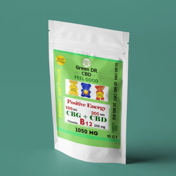 White pouch with CBD gummies, labeled 