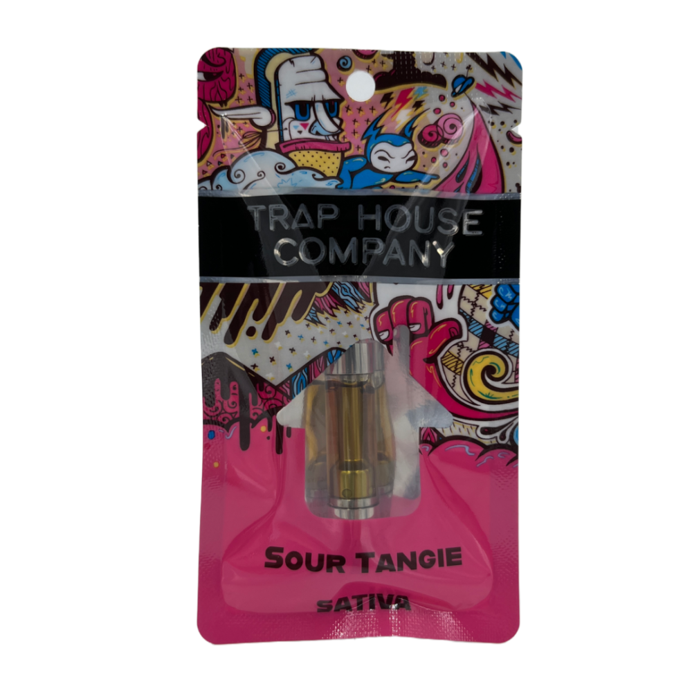 Cartridge of Sour Tangie sativa by Trap House Company in pink packaging.