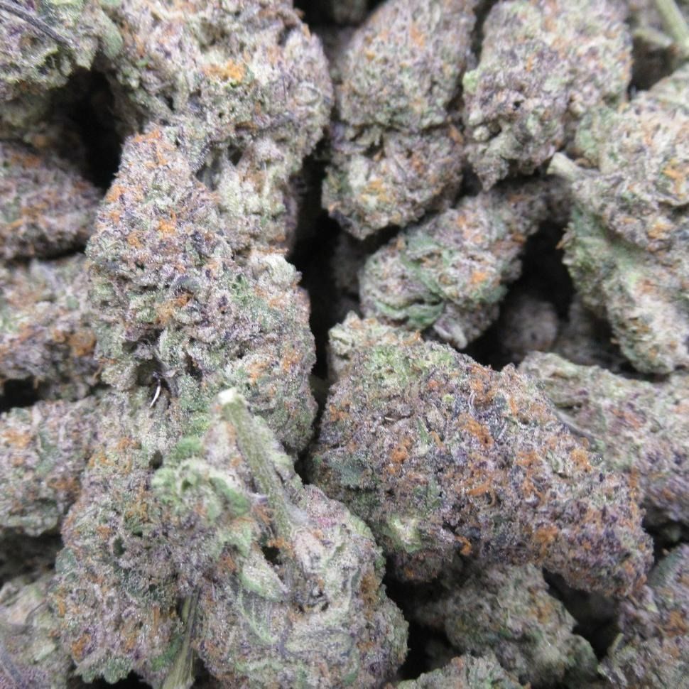 Close-up of a pile of purple and green cannabis buds, showing trichomes and orange pistils.