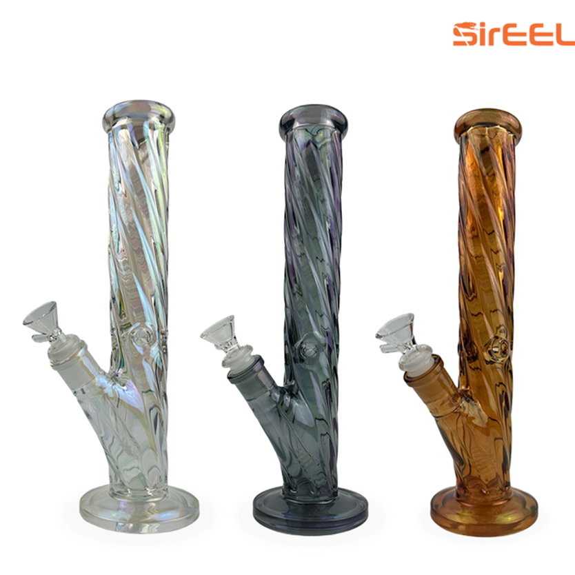 Three glass bongs: iridescent, gray, and amber, each with a twisted column and bowl.