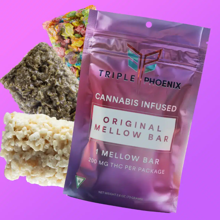 Three cannabis-infused Mellow Bars, including one in a purple package, on a gradient purple background.