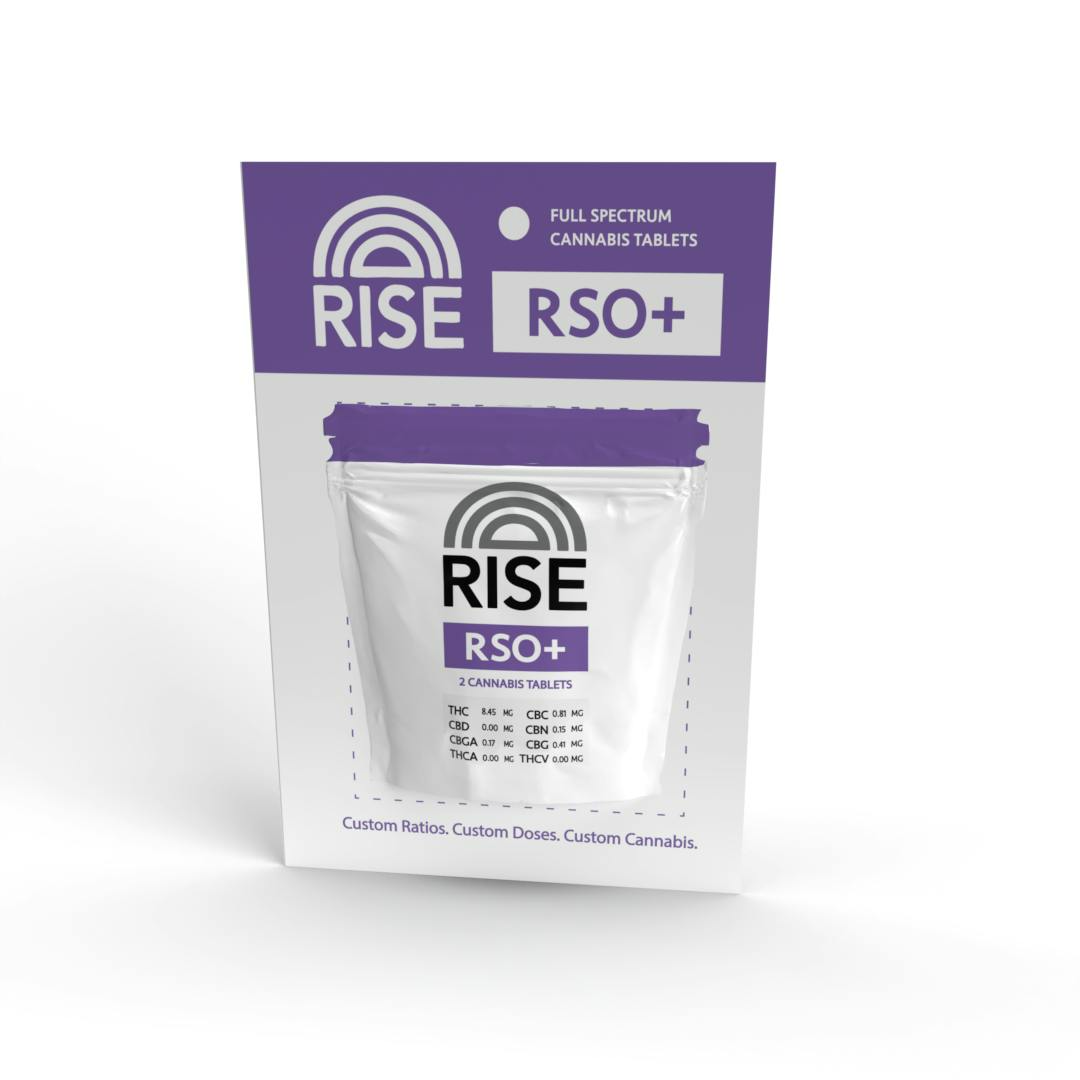 Package of RISE RSO+ tablets, white pouch in purple backing.