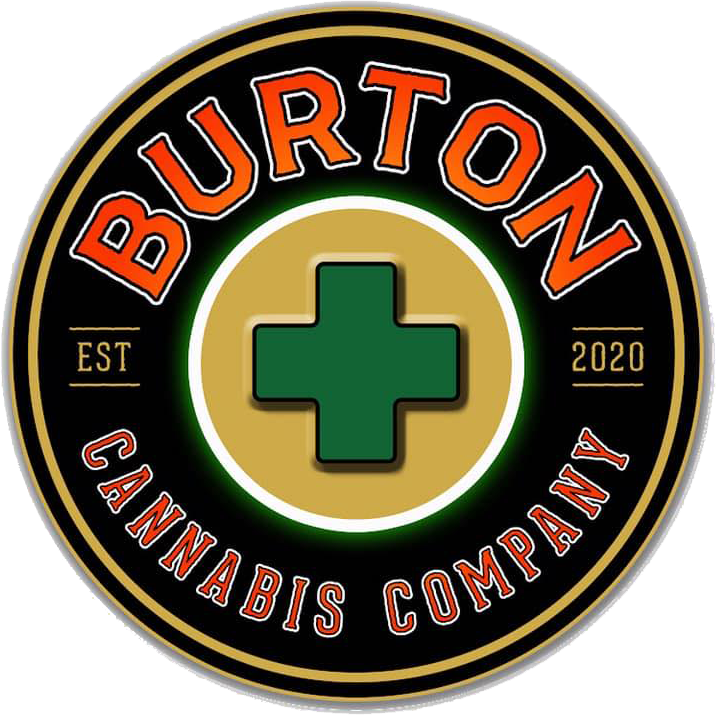 Burton Cannabis Company logo with a green cross inside a gold and black circle.