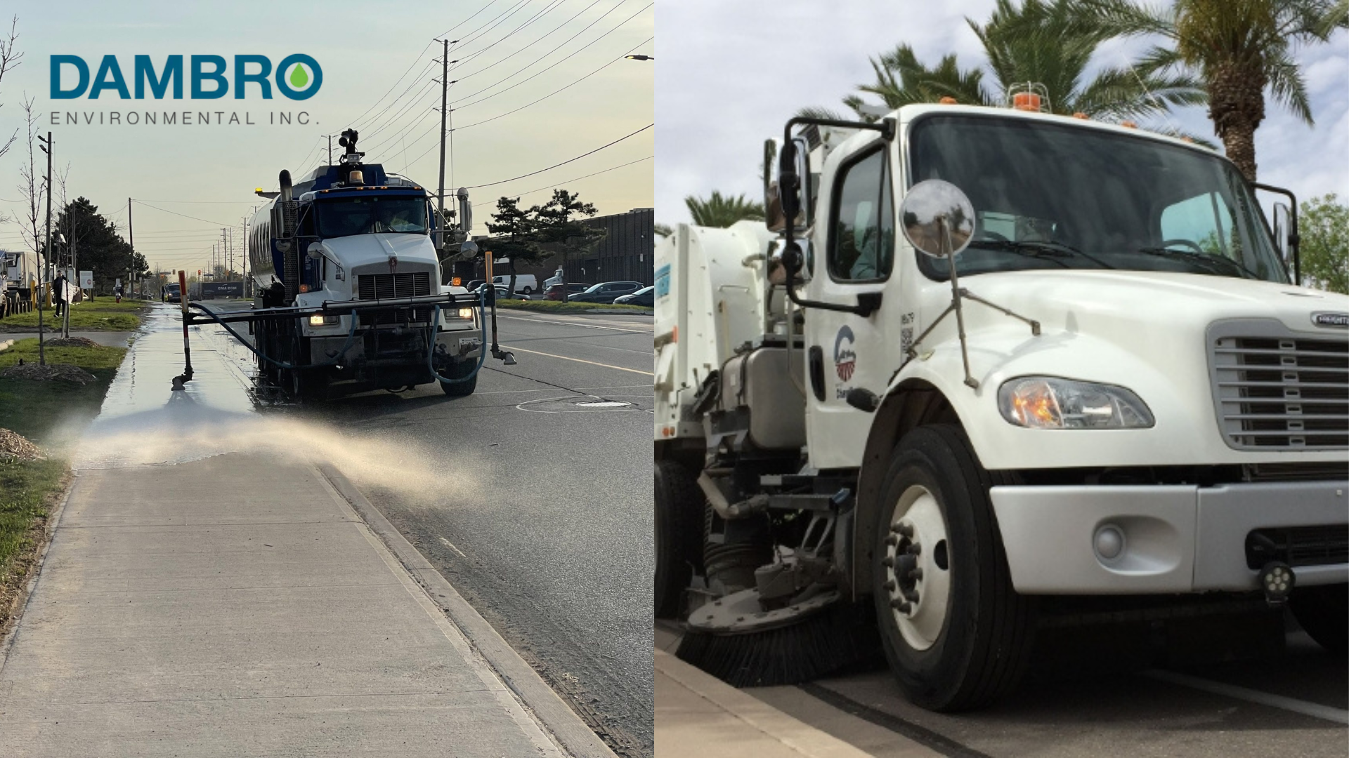 a truck is spraying water on a sidewalk and a truck is sweeping the street .